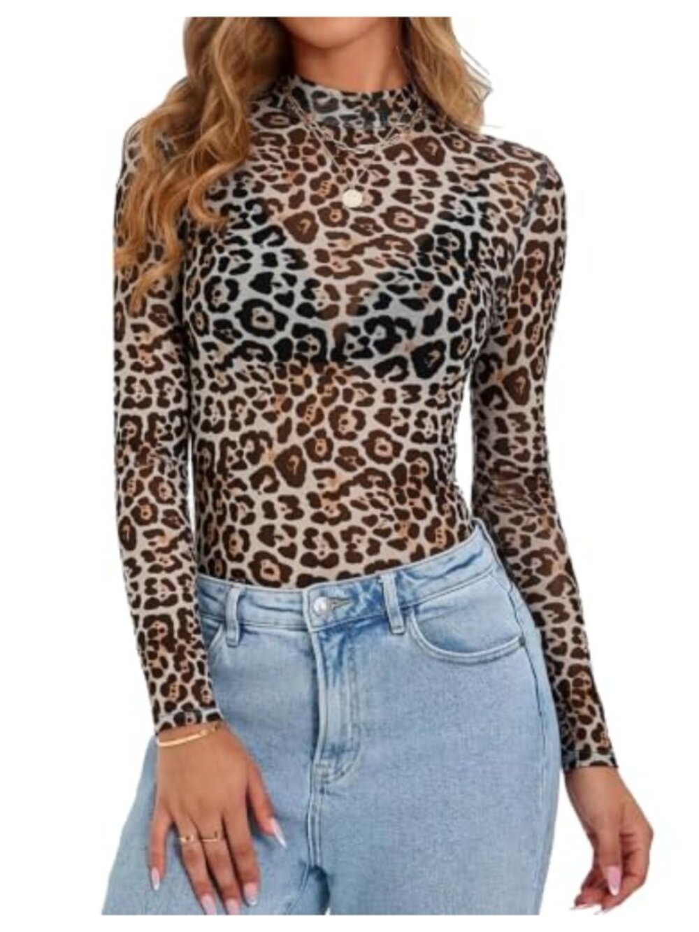 Mesh Top Women Long Sleeve Mock Neck Fitted See Through Floral Tee